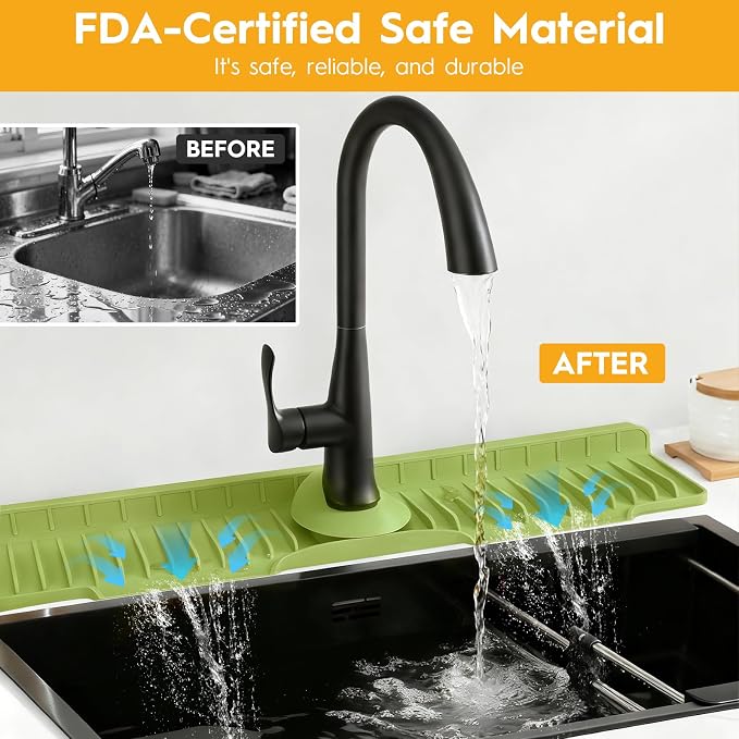 24" Silicone Faucet Mat for Kitchen Sink Released in 2026,8° Slope Fast Self-draining-Kitchen Sink Splash Guard,Bathroom Kitchen Sink Area Water Splash Guard Behind Faucet Draining Mat(Green)