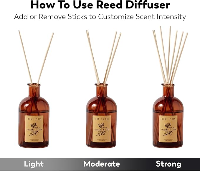 Craft & Kin Lily & Jasmine Reed Diffuser – 5.75 oz Essential Oil Diffuser for Home & Bathroom – Up to 120-Day Fragrance with 8 Rattan Scent Sticks – Amber Glass Room Decor