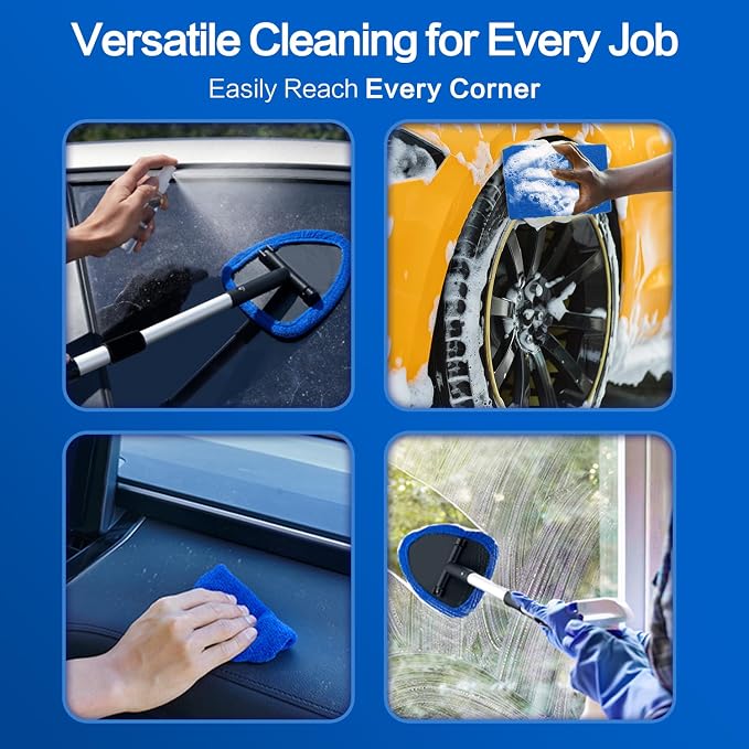 Windshield Cleaner Tool 22.5" L - Car Interior&Exterior Window Cleaning Kit with Extendable Handle&4 Microfiber Pads and Thick Large Wash Sponge, Auto Glass Wiper Brush Kit for Cars Home (7pcs Blue)