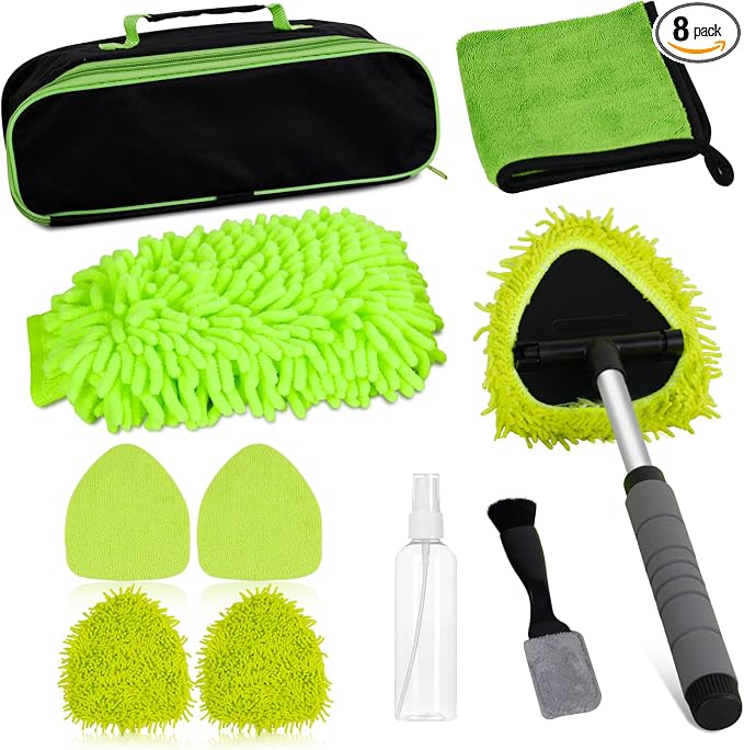 8PCS Windshield Cleaner Tool, Car Windshield Cleaner Tool with Extendable Handle 180° Rotation,Car Window Cleaner with 4 Reusable Microfiber Pads+100ml Spray Bottle+1 Detailing Brush