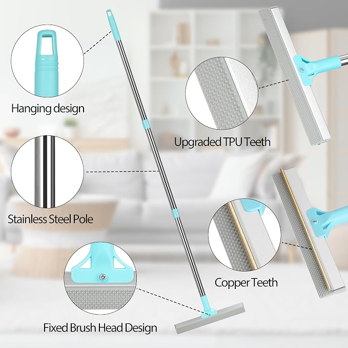 Carpet Rake for Pet Hair Removal Tool, 2 in 1 TPU and Copper Rake Teeth, Dual-Action Hair Remover with 54’’ Adjustable Long Handle, Reusable Cat & Dog Fur Broom for Carpets,Rugs, Mats,Car