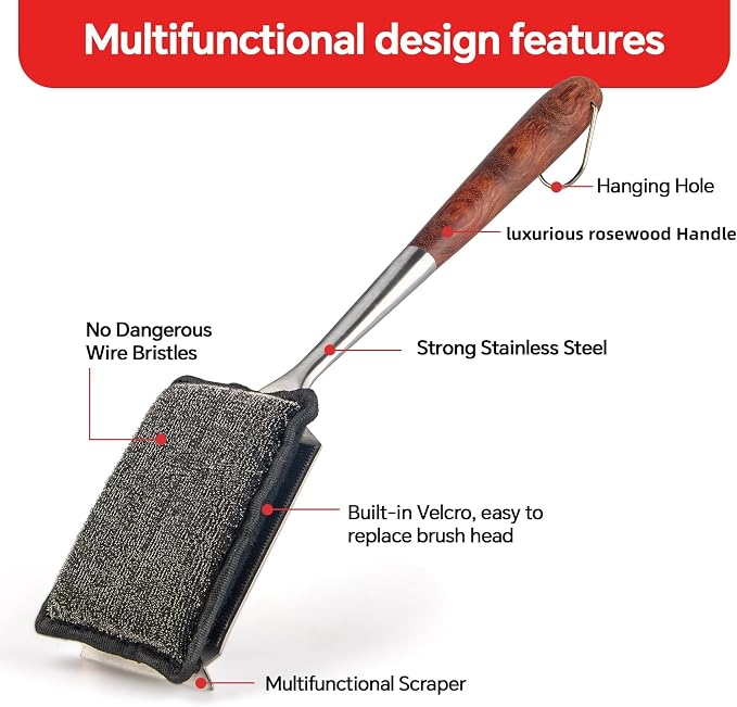 Bristle-Free Steam Cleaning Grill Brush Kit – Luxurious Long Rosewood Handle, Includes 1 Replacement Head – Safe BBQ Grill Cleaning for Outdoor Grill – Great Gift for Men/Dad