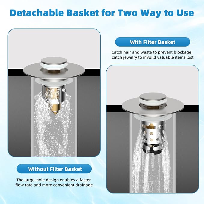2PCS Universal Bathroom Sink Drain Strainer Hair Catcher, Brushed Nickel | Upgraded with 2-Layer Detachable Filter Basket, 4 in 1 Pop Up Drain Strainer, Anti-Clog, Fit for 1.1''~2.36'' Sinks