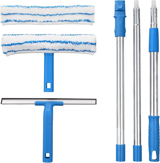 Window Cleaner with Long Handle(57IN), Glass Cleaning Tools with Silicone Squeegee & Microfiber Scrubber, Window Cleaning Kit for Shower Glass Mirror Door Car | Glass Cleaning Tools Extendable, Silicone Squeegee & Microfiber Scrubber, Telescopic Window...