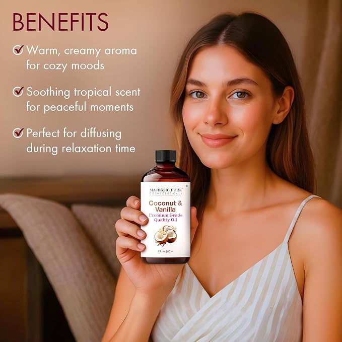 Majestic Pure Coconut Vanilla Essential Oil for Diffuser - 2 Fl Oz | 100% Pure & Natural Essentials Oils for aromatherapy, massage blends and DIY home fragrance projects, Massage and room sprays