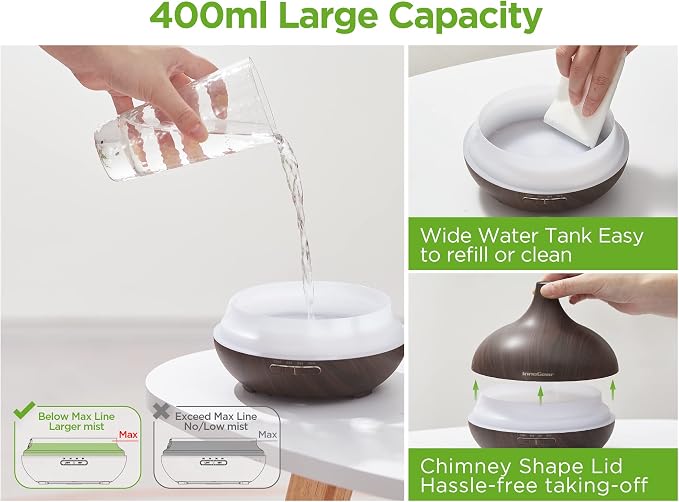 InnoGear 400ml Aromatherapy Essential Oil Diffuser 10 Oils Gift Set, Dark | Cool Mist Humidifier, Essential Oils, Ultrasonic, 4 Timers, Run up to 12hrs, Large Room, Home, Automatic Shut-Off, Quiet