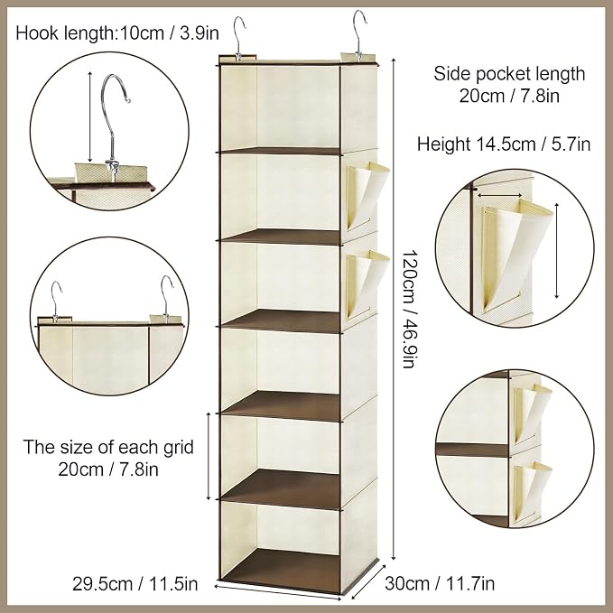 Leinuosen 6 Tier Shelf Hanging Closet Organizer Hanging Shelves for Closet with 2 Sturdy Hooks for Storage, for Dorm, 3 Pack, Foldable (Beige)