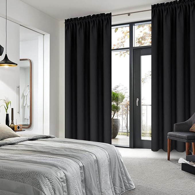 DWCN Blackout Curtains Room Darkening Thermal Insulated Bedroom Curtains Window Treatments, 42 x 45 inches Long, Set of 2 Black Rod Pocket Drapes