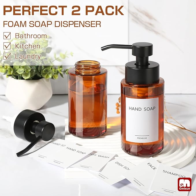 GMISUN Glass Foaming Soap Dispenser, 10 Fl oz / 300ml Amber Glass Soap Dispenser for Bathroom & Kitchen, 2 Pack Modern Refillable Foam Hand Soap Dispensers, Bathroom Hand Soap Dispensers with Labels