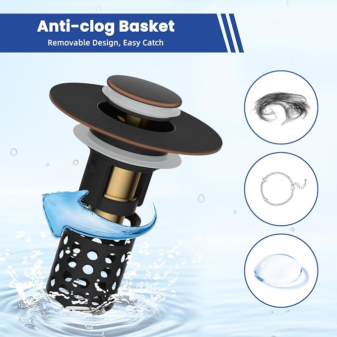 Universal Bathroom Sink Drain Strainer Hair Catcher, Oil Rubbed Bronze | Upgraded with Removable Stainless Steel Filter Basket, 3 in 1 Pop Up Sink Stopper for 1.1''~2.36'' Sink Basin Hole