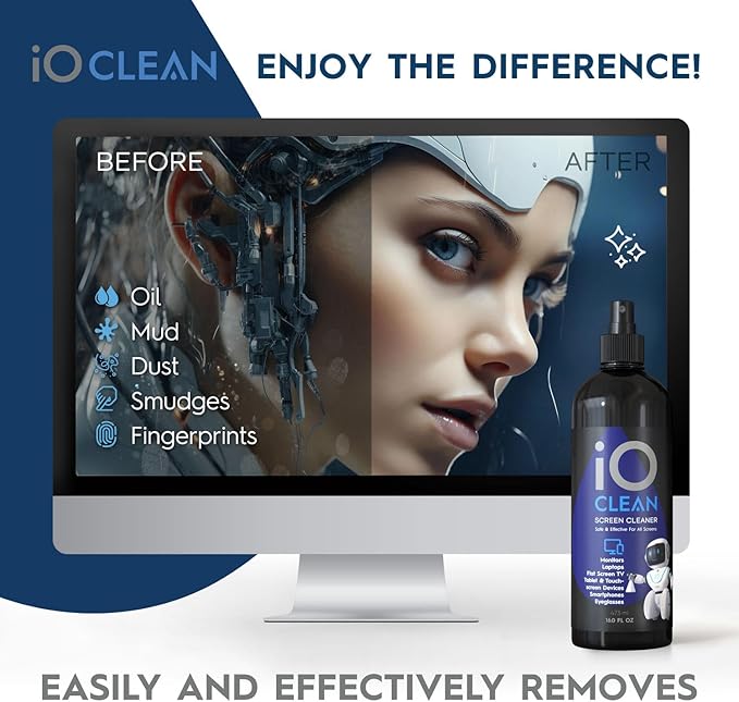 iO CLEAN Screen Cleaner Spray (16oz - 473ml) – Best Large Cleaning Kit | for LCD, LED & OLED TV, Smartphone, iPad, Laptop, Touchscreen, Computer Monitor, Microfiber Cloth Wipes & 2 Nozzles