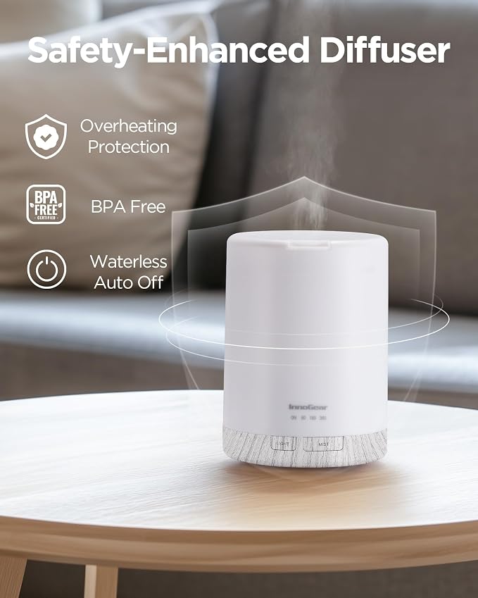 InnoGear 300ml Essential Oil Diffuser for Home Scent Humidifier, White | Aromatherapy, Cool Mist Humidifier, Ultrasonic, Large Room, Run up to 10hrs, Waterless Auto Off, 7 LED Lights, Quiet