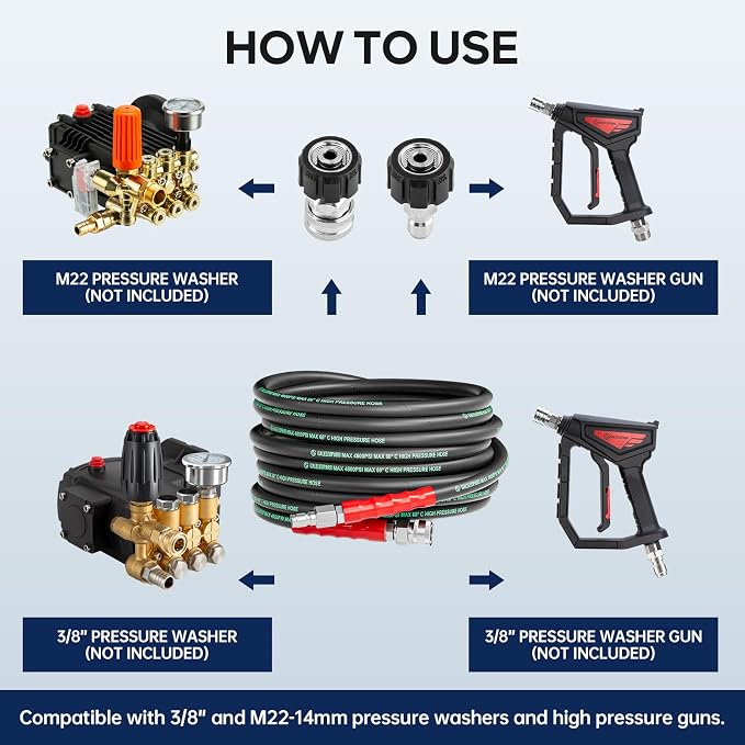 Pressure Washer Hose 25FT with 3/8 Inch Quick Connect | 4800PSI,Kink Resistant Industry Grade Steel Wire Braided, Wear Resistant Power Washer Hose with M22 14mm Adapter