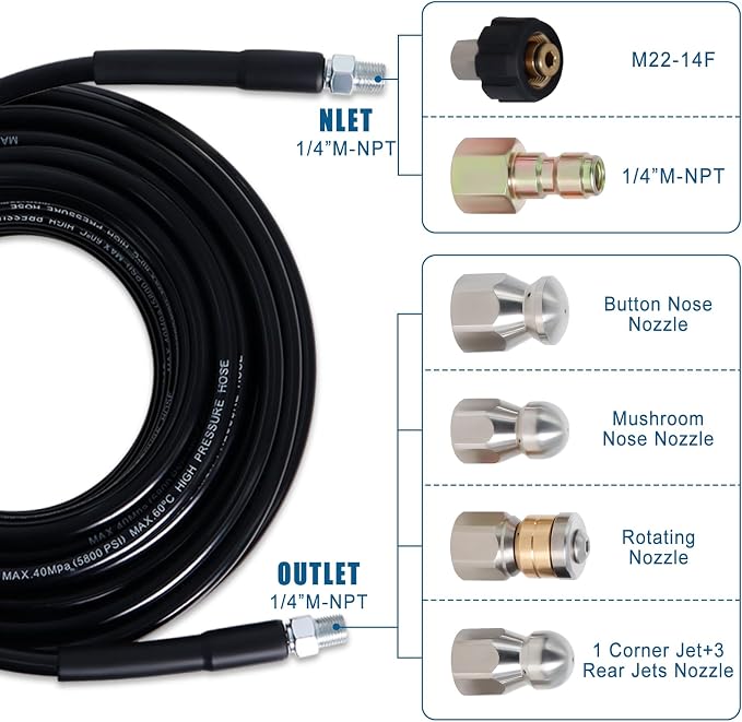 50FT Sewer Jetter Kit for Pressure Washer 5800PSI Drain Cleaner | 1/4" NPT Hose with 4 Jetting Nozzles Handle Strap Waterproof Tape and Spanners for Drain Cleaning