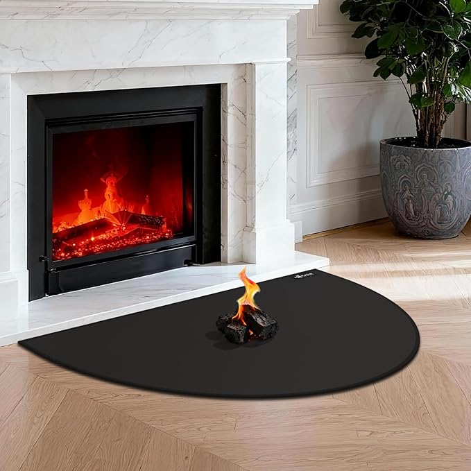 FLASLD Fireproof Fireplace Mat & Hearth Rug 24×42Inch Half Round Hearth Stove Rug Protects Floors, Decks and Patios from Sparks Embers, Black