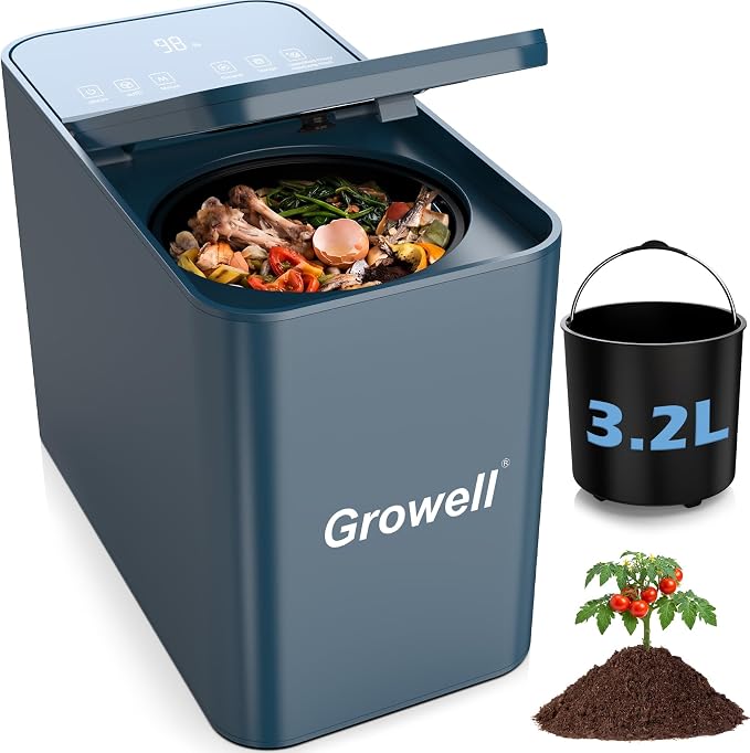 Growell 3.2L Smart Electric Composter, Countertop Food Waste Indoor Bin | Indoor Kitchen Compost,LED Display,Odorless & Low Noise,Auto-Cleaning,One-Touch Operation,Turns Waste to Fertilizer Quickly