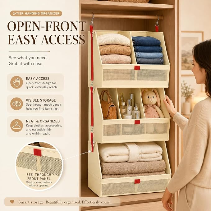 Hanging Closet Clothes Organizers and Storage Detachable 3 Tier Wider | Hanging Clothes Organizers for Bedroom,Dorm,RV,,Camper,See Through Front Panel,Space-Saving,Can Be Separated Individually