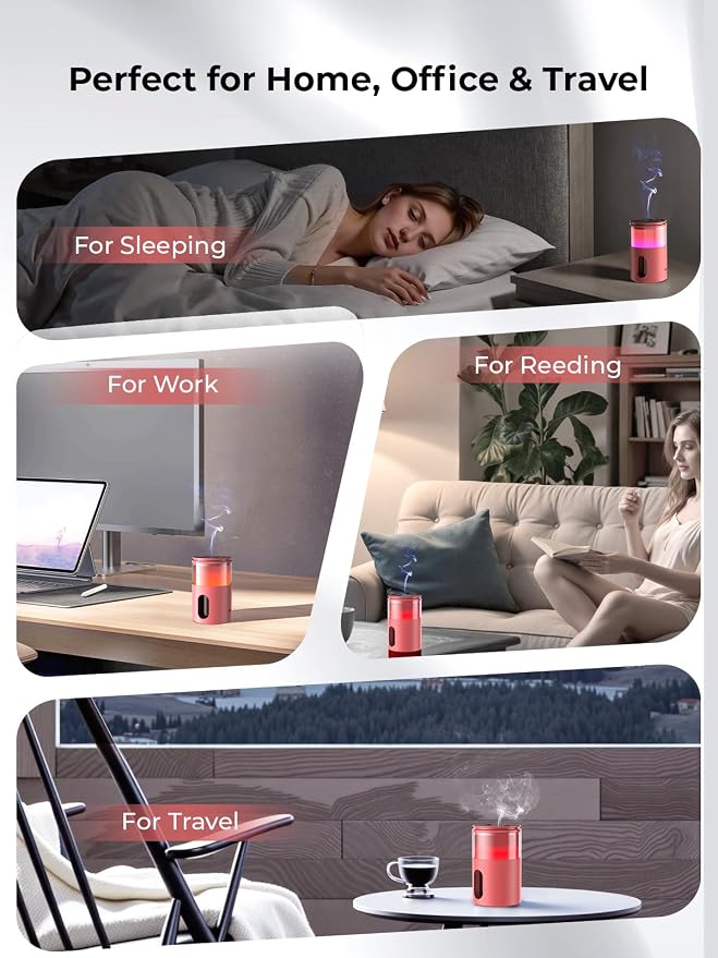Waterless Essential Oil Diffuser: 𝟗-𝐂𝐨𝐥𝐨𝐫 𝐋𝐄𝐃 Bright Red | Portable Scent Diffuser - No Water No Heat For Pure Aroma - 48H Battery 3 Mist Levels & 4 Timers for Car Office