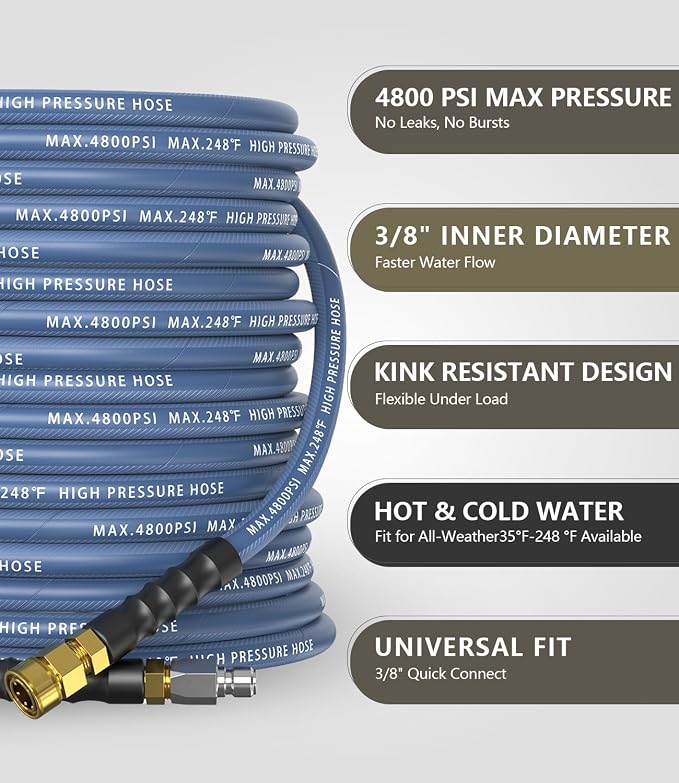 3/8" ID Pressure Washer Hose 100 ft, 4800 PSI Steel-Braided & Durable - Flexible & Kink-Resistant, Power Washer Hose with 3/8" Swivel Quick Connect, Hot/Cold Water Compatible -100 Foot, Navy