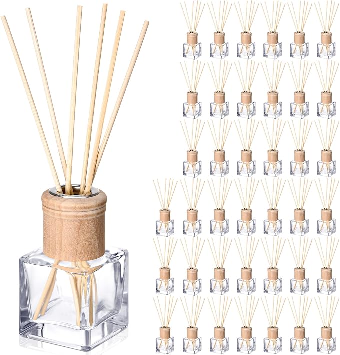 Roshtia 40 Set Reed Diffuser Bottles 50ml Glass Wooden Caps Rattan Sticks | Empty Refillable DIY Oils, Mini Square Jars Bulk, Ideal Home Office Aromatherapy Gifts, 1.7 Oz Fragrance Container