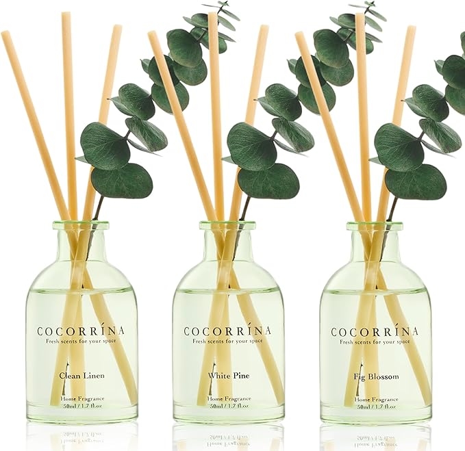 Reed Diffuser Set of 3 with Dried Eucalyptus for Home & Office | Clean Linen/White Pine/Fig Blossom Scents, Aromatherapy Scented Oil Diffusers, 1.7 oz Each, Total 5.1 oz
