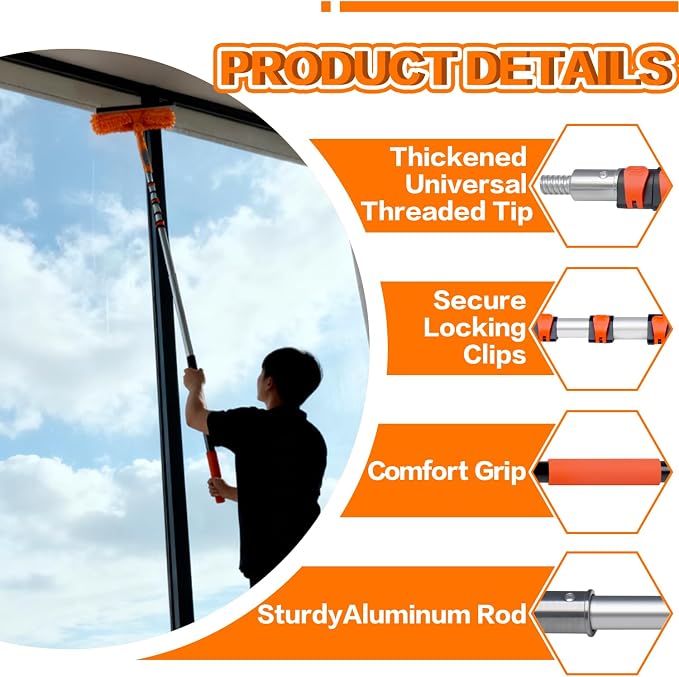 26FT High Reach Duster Cleaning Kit with 5-20 FTExtension Pole, High Ceiling Fan Cleaner Duster Tool for Fan Blades, Extendable Reusable Cobweb, Feather, Window Cleaning Squeegee Kit(20FT)