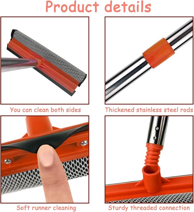 Window Squeegee for Window Cleaning, Squeegee Window Cleaner Tool 2 in 1 Car Window Cleaning Tool with Extension Pole 58‘’ Telescopic Window Washing Equipment, Shower Squeegee for Shower Glass Door