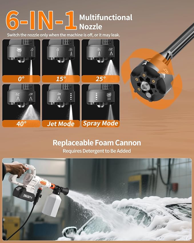 Cordless Pressure Washer Battery Powered; 1200PSI Brushless Power Washer | Brushless Motor; 3 Power Level Adjustable; 6-IN-1 Nozzle; 23FT Elastic Hose; Washer for Car, Home, Patio, Driveway