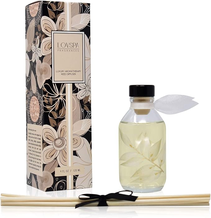 Reed Diffuser Set - Coconut & Eucalyptus Scented Diffuser with Sticks | Home Fragrance Reed Diffuser for Bedroom, Bathroom Shelf Décor, with Real Florals in the Bottle - Made in the USA