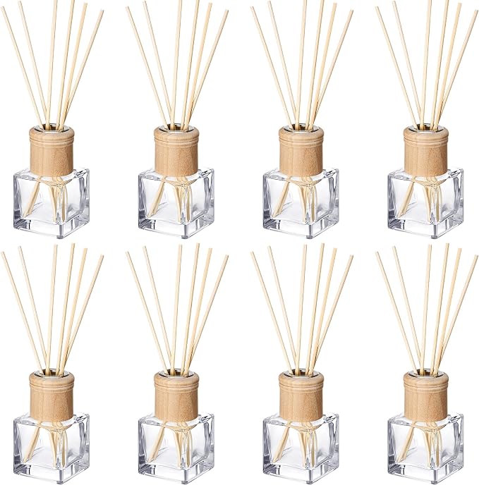 Roshtia 8 Set Reed Diffuser Bottles 50ml Glass Wooden Caps Rattan Sticks | Empty Refillable DIY Oils, Mini Square Jars Bulk, Ideal Home Office Aromatherapy Gifts, 1.7 Oz Fragrance Container