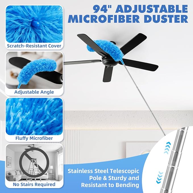 94'' Cobweb Duster with Extension Pole, Spider Web Brush | 10-in-1 Microfiber Duster Set, Bendable Duster of Cleaning Ceiling Fan Blades, Vents, and Outside