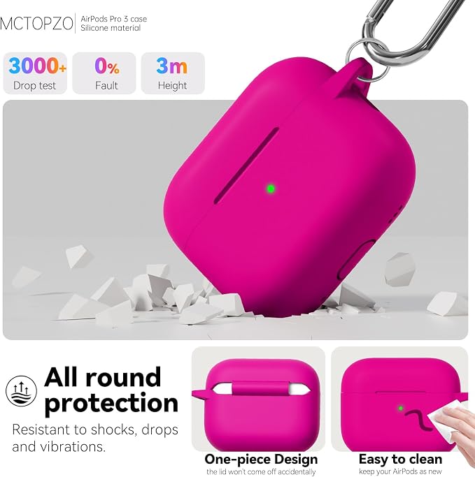 for AirPods Pro 3 Case 2025,Come with Cleaner Kit,Hot Pink | Silicone Protective Cover for Airpod Pro 3rd Generation Case with Keychain,for Women Men,One-Piece Design,Shockproof