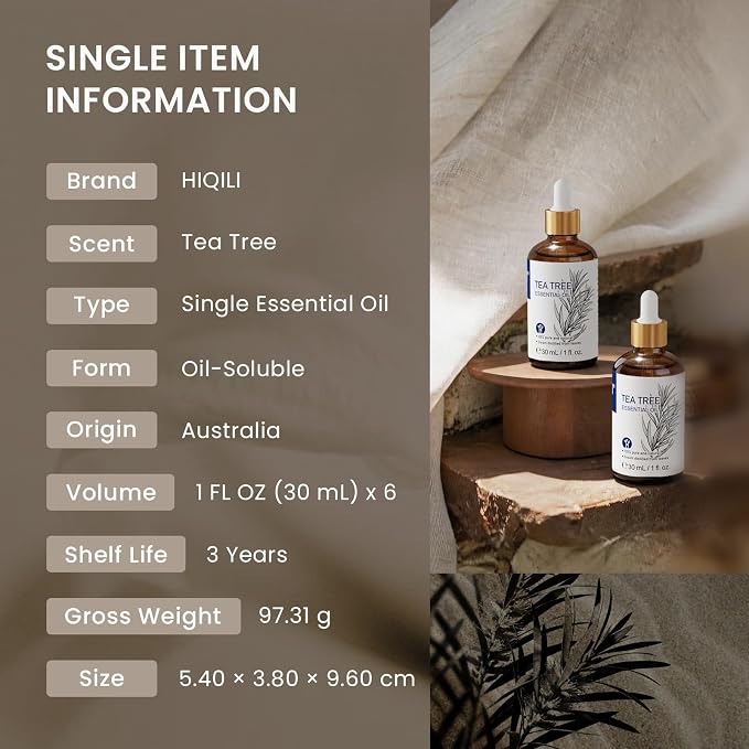 HIQILI Tea Tree Oil Set - 1 fl oz (6 Pack), Bulk Pack for Business Purchase | Ideal for Nail and Body Care, Diffuser, DIY, Holiday Gift & Home Use