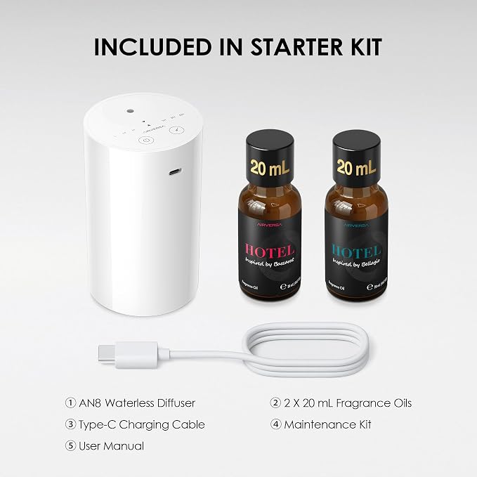 Airversa AN8 Waterless Essential Oil Diffuser Starter Kit, White | 2X20 mL BLG+BCR Hotel Scent Fragrance Oil, Up to 600 sq ft, Battery Operated, Portable for Home Car Office, AN8Kit-2x20-B