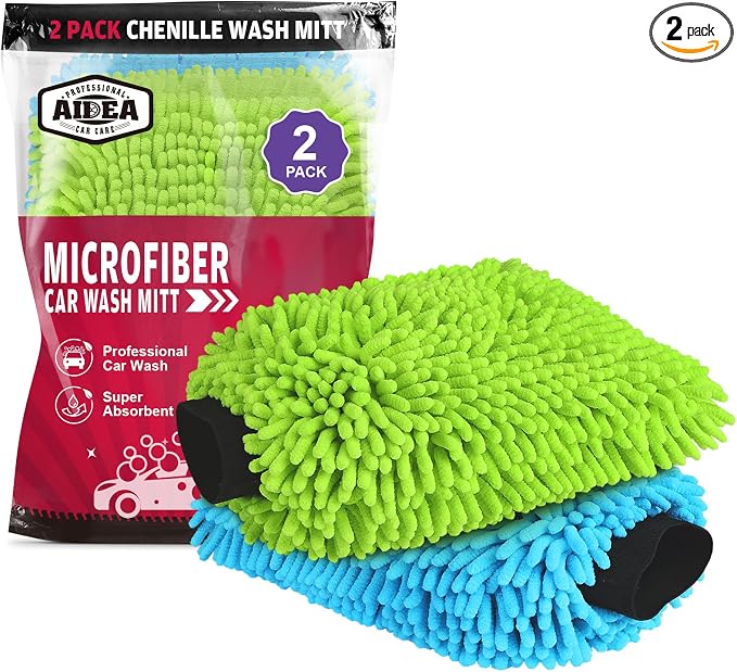 AIDEA Car Wash Mitt Microfiber, 2PK, Car Wash Brush, 8''X12'' | Scratch Free Lint-Free, Premium Chenille Microfiber Mitt, Extra Large Size, Green & Blue