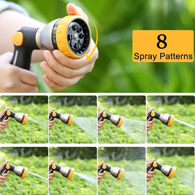 FANHAO Garden Hose Nozzle Heavy Duty Metal Spray Nozzle with Thumb Control, High Pressure Water Nozzle with 8 Adjustable Spray Patterns for Watering Plants, Washing Cars and Showering Pets