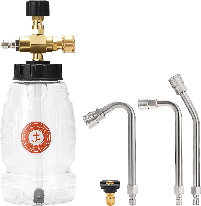 JOEJET Chemical Injector for Pressure Washer with 3 Curved Wands, 1 Liter | Adjustable Power Washer Soap Injector with Nozzle, 30°90°120° Stainless Steel Rods, 1/4 Inch Quick Connect, 3600 PSI