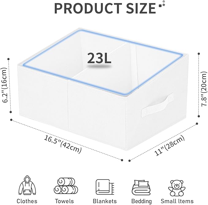DIMJ Large Closet Shelf Organizer Bins 4 Packs with Handles and Divider, Fabric Trapezoid Storage Baskets, Foldable Clothes Containers Box for Shelf, Towel, Book, Toy, Purse, Hats, White