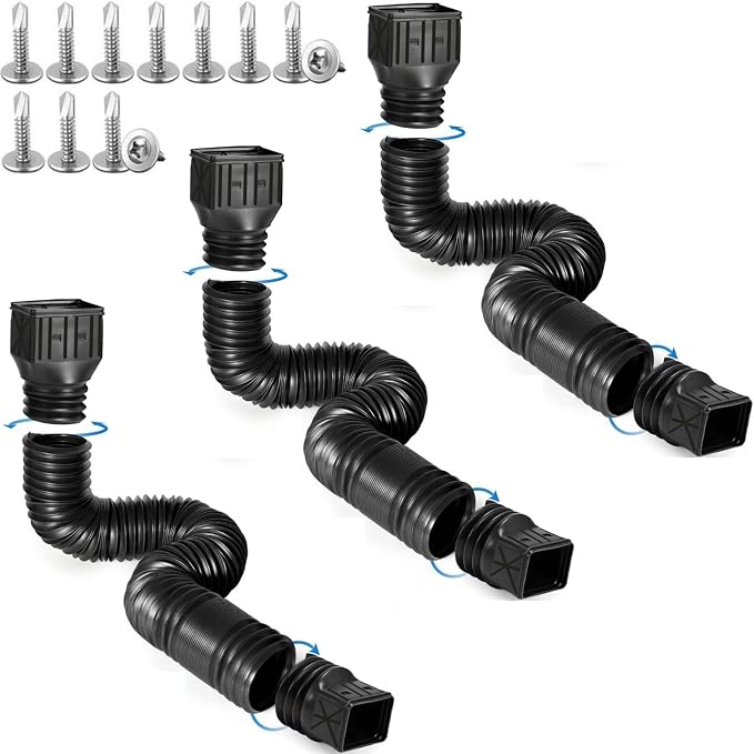 3 pack Flexible Rain Gutter Downspout Extensions,Drain Downspout Extender,Gutter Extension Flexible,Down Spout Drain Extension Pipes,Extendable from 21 to 60 Inches (3pcs black)