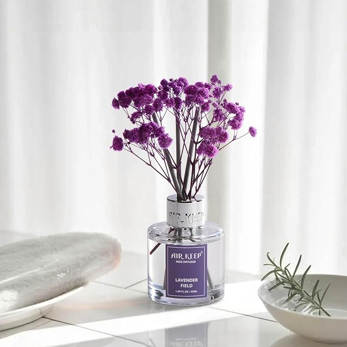 Reed Diffuser Set,1.69 fl oz (50 ml) - Lavender Field Oil Diffusers with 8 Reed Sticks,Home Fragrance Reed Diffuser for Bathroom Shelf Decor