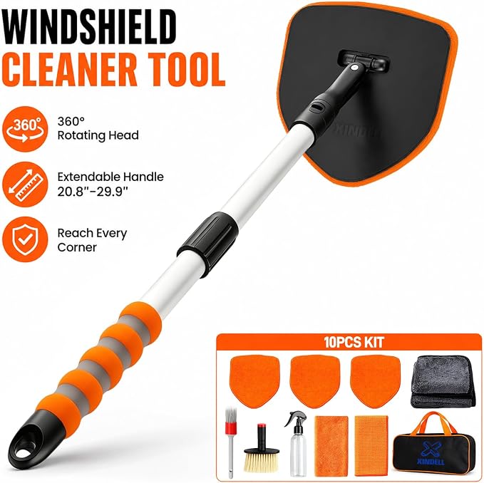 XINDELL Interior Windshield Cleaner Tool, Extendable Car Window Cleaning Kit with 360° Rotating Head