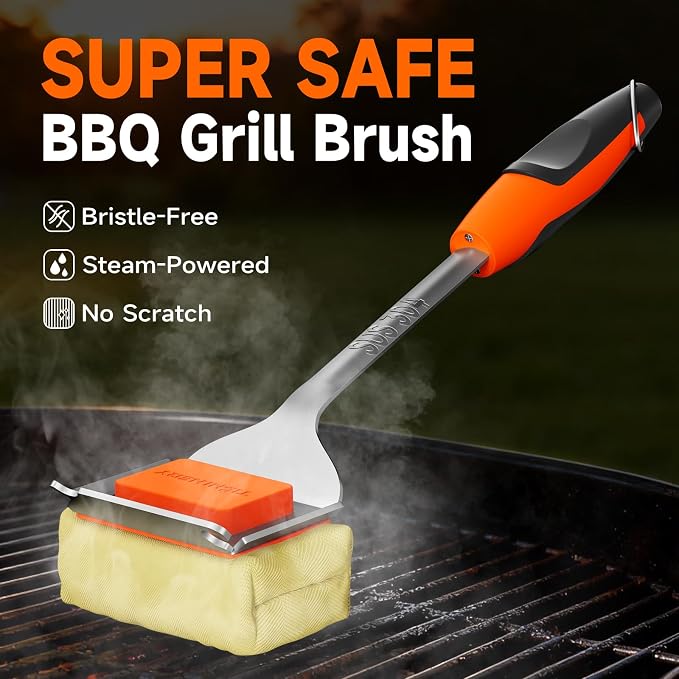 Grill Brush Bristle-Free with Scraper, Kevlar Steam BBQ Cleaner, Orange | Non-Metal Bristle, Replaceable Head, 17" Handle, 4-in-1 Scraper, for Porcelain, Ceramic, Stainless Steel, Cast Iron Grate