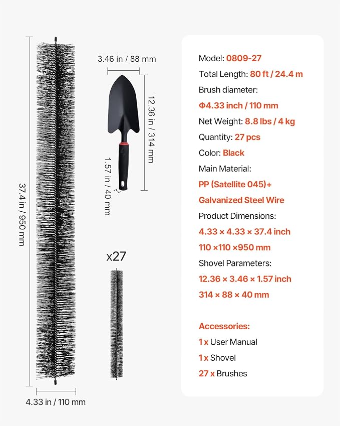 VEVOR Gutter Brush, 4.33 inch Diameter 80 Feet Total Length Gutter Cleaning Tools, Ground-Level Brush Leaf Guard for 5 Inch Gutters, Easily Clear Roof Leaves and Debris, 27 Pack