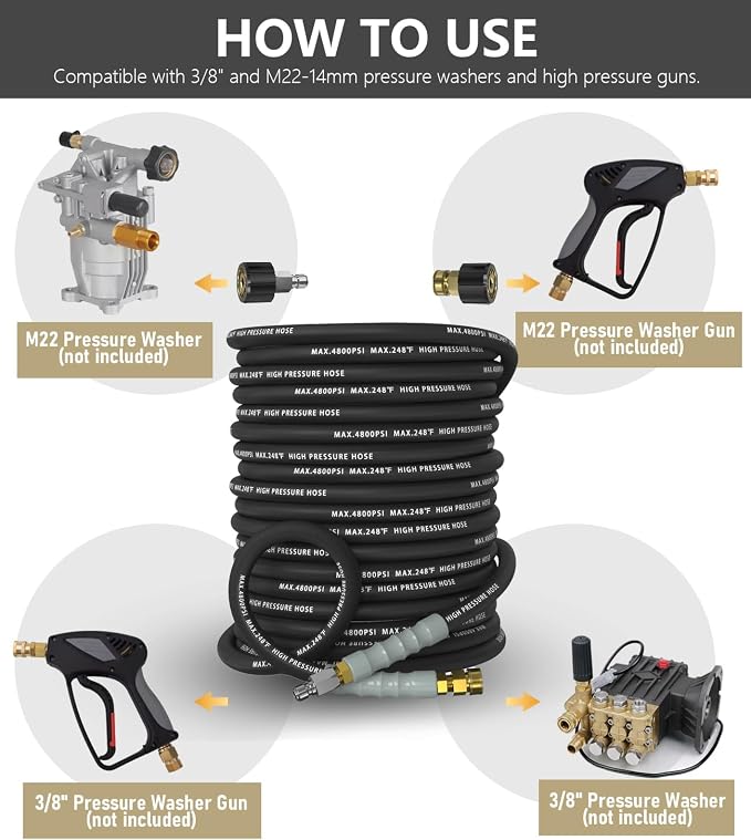 3/8" Pressure Washer Hose 200FT 4800 PSI, Kink Resistant Steel Braided Layer & NonMarking Rubber for Hot/Cold Water, High Power Washer Hose With 3/8 Inch Quick Connect & M22 Fitting, Black