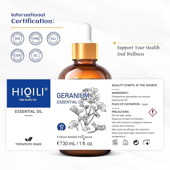 HIQILI Geranium Essential Oil for Diffuser & Skin Care | Refreshes Air, Nourishes Skin, Can be Mixed with Any Bases, Great for Aromatherapy, DIY Soap & Candle - 30mL / 1.01 fl oz
