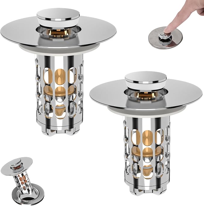 Bathroom Sink Stopper Drain Hair Catcher,3 in 1 Bathroom Sink Drain Strainer with Anti-Clogging Filter Basket,Sink Stopper Bathroom Drain for 1.06"~1.61" Drain Hole 2 PCS(Silver Chrome)