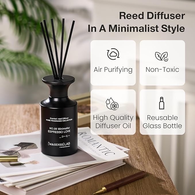 M&SENSE Minimalist Large Reed Diffuser 300ml, Espresso Love Scented with Natural Essential Oils, Long Lasting with 7 Sticks, Non-Toxic Home Fragrance for Bedroom, Bathroom Decor