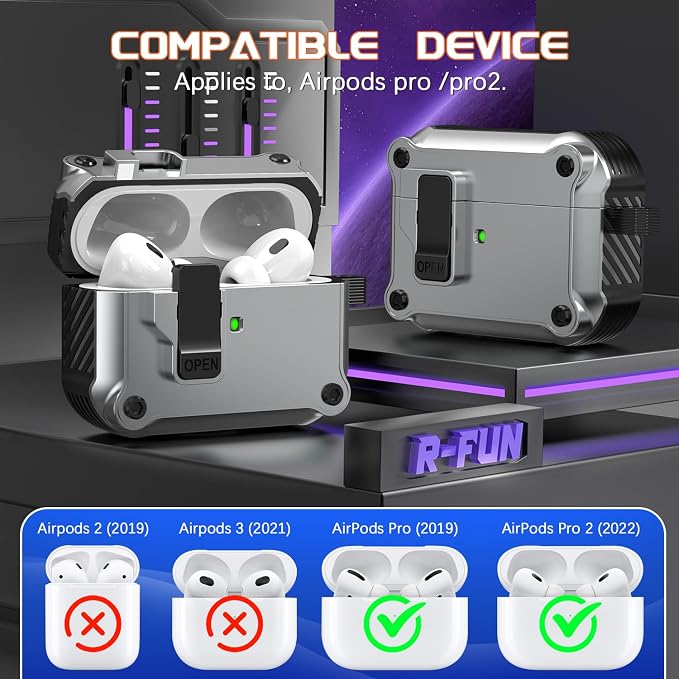 R-FUN for AirPods Pro 2 Case with Lock Magnetic Lid, Silver | Compatible with AirPods Pro 2nd Generation and AirPods Pro 1st Generation (2019) Case with Cleaner Kit & Carabiner, MagSafe