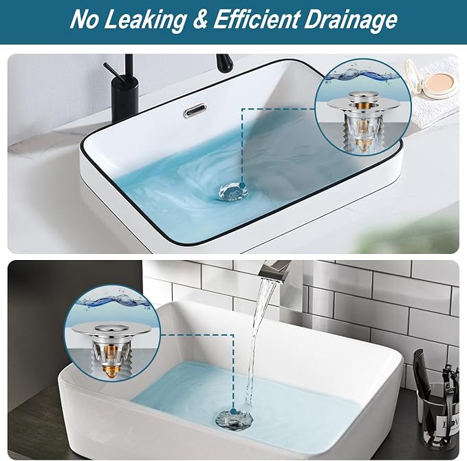 Universal Bathroom Sink Stopper - Upgraded Pop up Drain Strainer with Hair Catcher, Fits 1.1-1.5 Inch U.S. Standard Drain Holes - Anti-Clogging Filter - Pure Brass Construction
