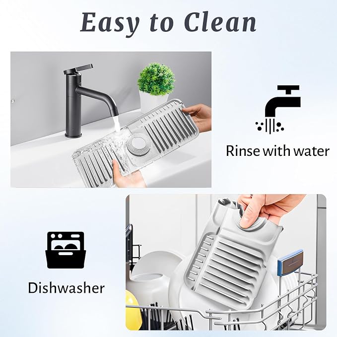 PoYang 14.6 inch Faucet Mat for Kitchen Sink Splash Guard, 7° Slope Silicone Sink Water Splash Guard for Kitchen Sink Area with Snap, Long Sink Protectors for kitchen Sink Sponge Holder, Light Grey